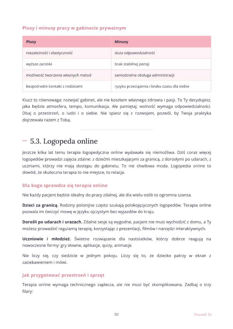 Strona e-booka z porównaniem plusów i minusów własnego gabinetu logopedycznego